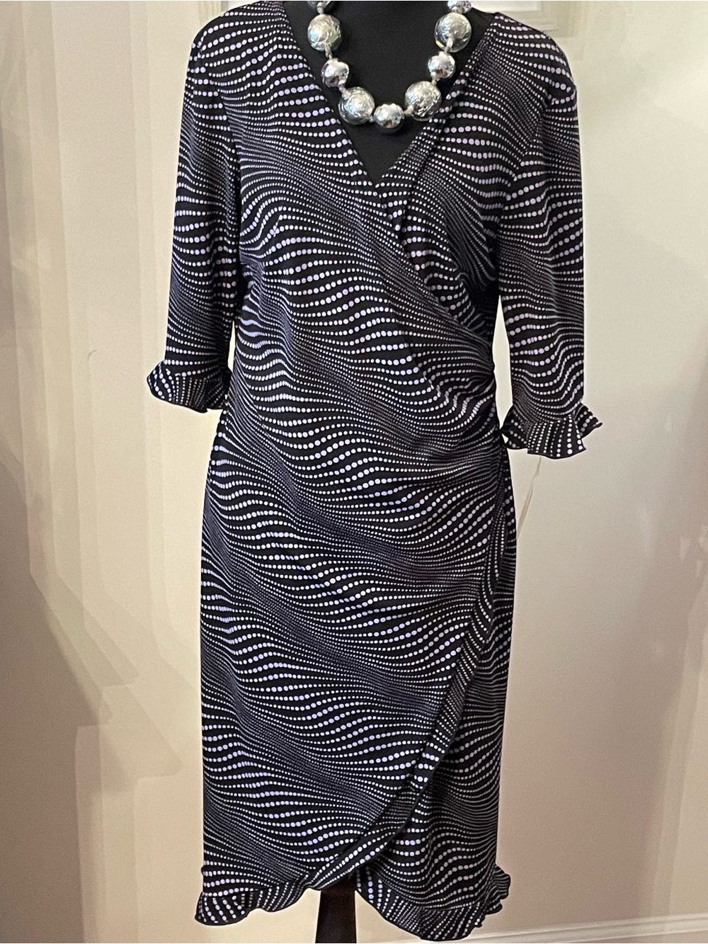 NWT Connected Apparel Black and Purple Wave-Print Faux Wrap Dress SZ 14